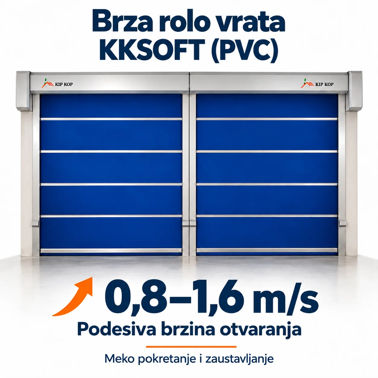 Brza rolo vrata KKSOFT (PVC) s brzinom otvaranja od 0,8 do 1,6 m/s.